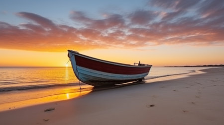 Boat on the beach at sunset. Generative AIの素材
