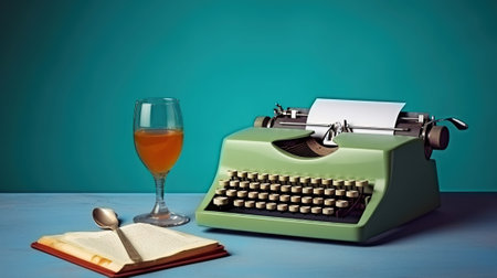 Anonymous person at table with glass of wine and old typewriter with two colored background, Generative AIの素材
