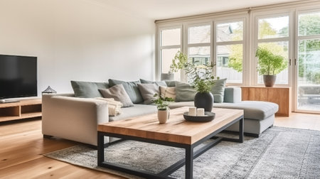 Comfortable corner couch and wooden coffee table placed in front of modern TV set in cozy spacious lounge room in house on sunny day, Generative AIの素材