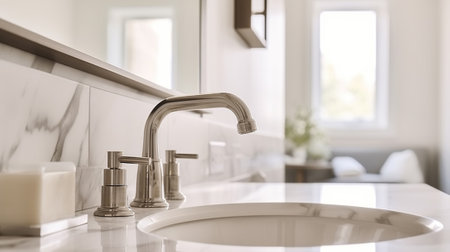 Faucet attached to mirror above marble sink in light bathroom of contemporary bedroom on sunny day, Generative AIの素材