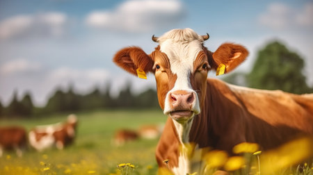 Happy single cow on a meadow sunny summer day, Generative AIの素材