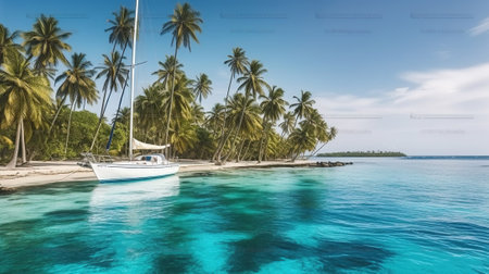 A grey-white sailing yacht anchoring in crystal clear turquoise water in front of the paradisiacal Islands with green palm trees in the background. Generative AIの素材