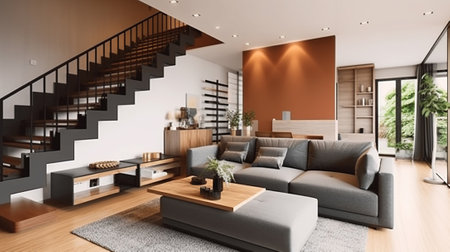 Modern living room with L-shaped sofa and stairs leading to the upper floor, Generative AIの素材
