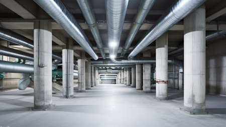 Empty basement of modern building with concrete columns with metal pipelines and plumbing system with electric lines on ceiling, Generative AIの素材
