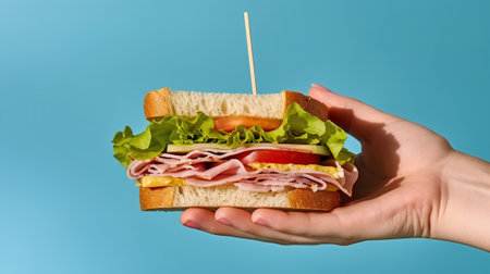 Unrecognizable person holding delicious sandwich with ham, tomatoes, cucumber and cheese slices and fresh lettuce on blue background, Generative AIの素材