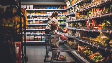 A young mother and her baby with a grocery cart choose food on a supermarket shelf. Generative AIの素材