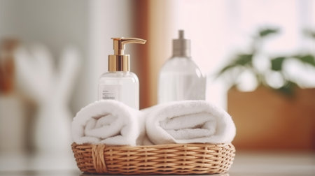 Liquid soap bottle, white towel on basket in bathroom. Hygiene and healthy life concept. Close up, Generative AIの素材