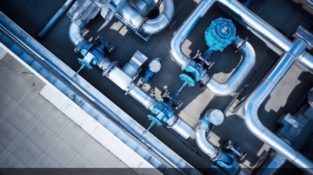 Top view of steel water piping structure with circulation pumps and valves in industrial building, Generative AIの素材