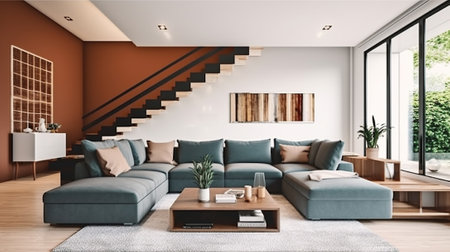 Modern living room with L-shaped sofa and stairs leading to the upper floor, Generative AIの素材