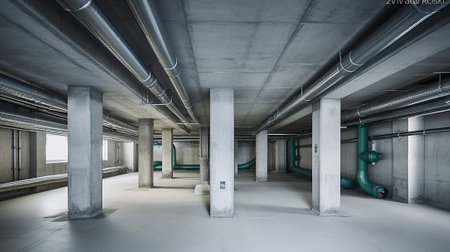 Empty basement of modern building with concrete columns with plumbing system. Generative AIの素材