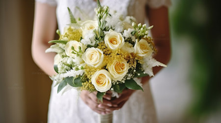 Unrecognizable woman in lace wedding dress holding a beautiful green bouquet with white and yellow roses on a blurred background. Generative AIの素材