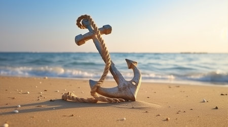 Wooden anchor with rope on sand near sea. Space for text, Generative AIの素材
