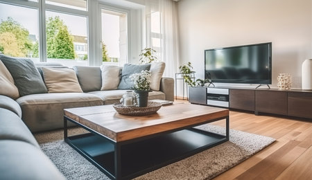 Comfortable corner couch and wooden coffee table placed in front of modern TV set in cozy spacious lounge room in house on sunny day, Generative AIの素材