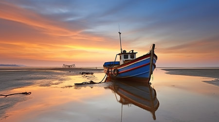 Sunset at anchor fishing boat at low tide, Generative AIの素材
