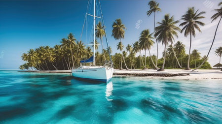 A Serene Voyage on a Grey-White Yacht amidst Turquoise Waters and Lush Palm-Fringed Islands. Generative AIの素材