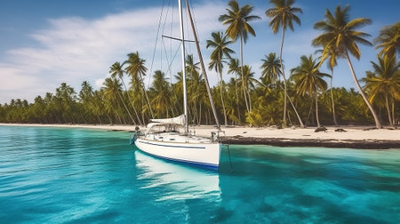 A grey-white sailing yacht anchoring in crystal clear turquoise water in front of the paradisiacal Islands with green palm trees in the background. Generative AIの素材