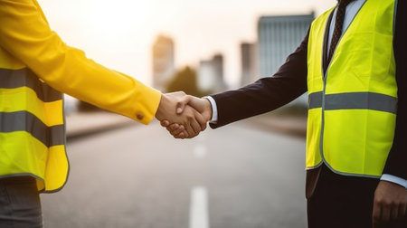Faceless anonymous engineers in yellow waistcoat uniform shaking hands while standing on city street over blurred landscape with sunlight, Generative AIの素材