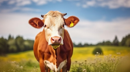 A Joyful Single Cow Basks in the Sun on a Meadow on a Summer Day. Generative AIの素材