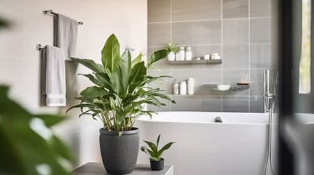 Potted plant placed near bathtub and glass shower cabin in sunlit modern bathroom at home, Generative AIの素材