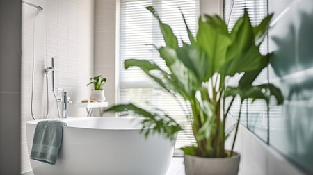 Sunlit Modern Bathroom with a Potted Plant Adorned near the Bathtub and Glass Shower Cabin. Generative AIの素材
