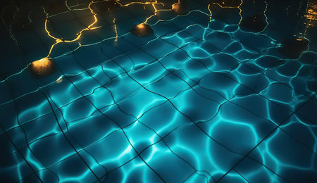 Top view of glowing lights reflecting on water surface in swimming pool at night, Generative AIの素材