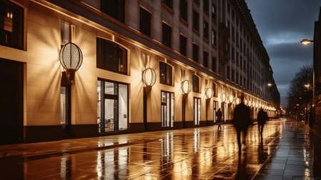 A Captivating Blend of Illuminated Architecture and Human Motion in a Long Exposure Tapestry on a City Avenue. Generative AIの素材