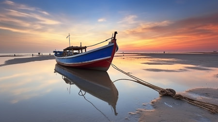 Harmony of Twilight, Low Tide Unveils a Stunning Sunset Backdrop for a Fishing Boat. Generative AIの素材