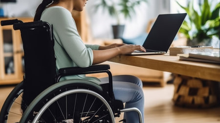 Side view of cropped body of young female in casual clothes sitting on wheelchair at table, writing notes in notebook from laptop while working on project in living room. Generative AIの素材