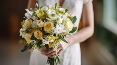 Unrecognizable woman in lace wedding dress holding a beautiful green bouquet with white and yellow roses on a blurred background. Generative AIの素材