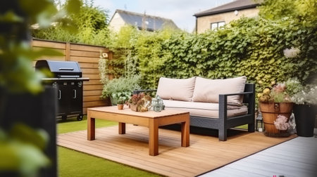 Cozy wooden table and soft sofa and grill placed in backyard with green garden near contemporary residential building, Generative AIの素材