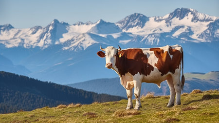 A Beautiful Cow Amidst the Alpine Meadow, with Towering Snowy Mountains Creating a Captivating Vista. Generative AIの素材
