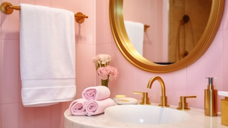 Interior of bathroom with towel near pink dispensers with toiletries near round wash basin with golden faucet, Generative AIの素材