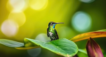 A Delicate Colibri Perched on a Green Leaf Amidst a Verdant Tapestry of Foliage on blurred background. Generative AIの素材