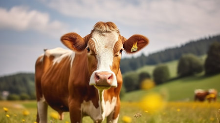 A Joyful Single Cow Basks in the Sun on a Meadow on a Summer Day. Generative AIの素材