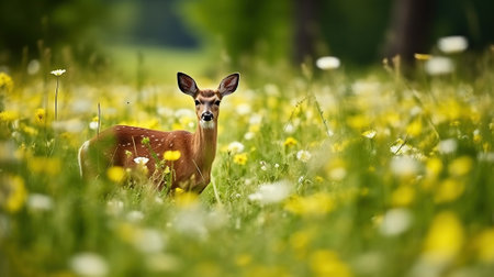 Roe deer, chewing green leaves in Beautiful blooming meadow with many white and yellow flowers and animal, Generative AIの素材