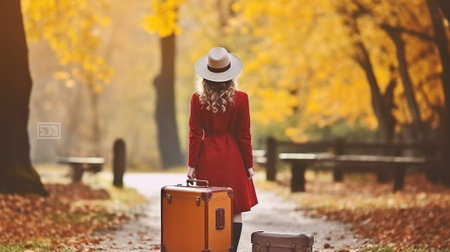 Back view of a beautiful young woman with vintage suitcase in a autumn park. Generative AIの素材