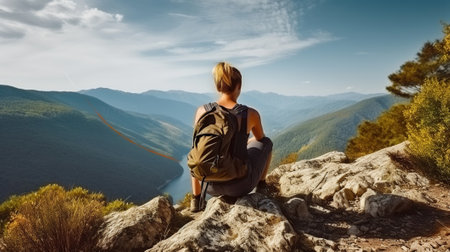 A Female Hiker's Blissful Vista from atop the Mountain Enjoying the view during the day. Generative AIの素材