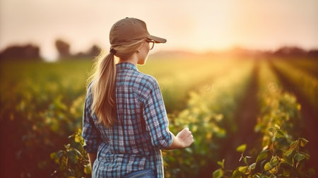 Young female farmer standing in soybean field. Generative AIの素材