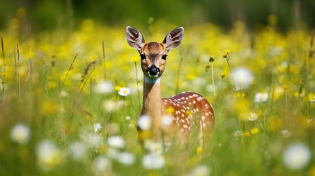 Roe deer, Capreolus capreolus, chewing green leaves. Beautiful blooming meadow with many white and yellow flowers and animal, Generative AIの素材