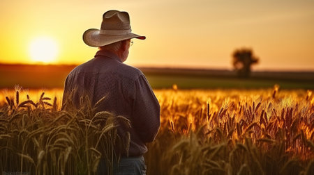Rear View of a Seasoned Farmer Assessing the Crop in the Evening Light. Generative AIの素材
