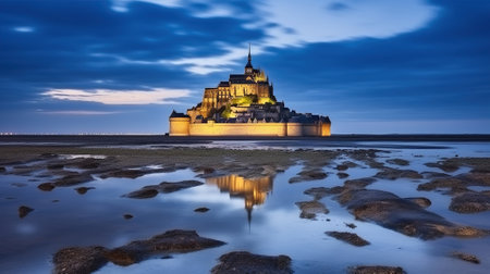 Low tide on the coast and view to the castle with night lights in Normandy, Generative AIの素材