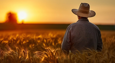 Rear View of a Seasoned Farmer Assessing the Crop in the Evening Light. Generative AIの素材