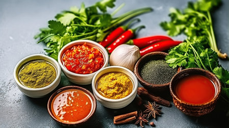 Traditional georgian food concept with spices, sauces on concrete table. Generative AIの素材