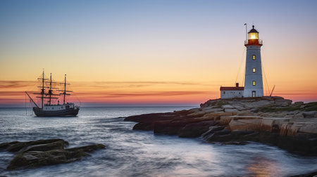 Ship and lighthouse, Generative AIの素材