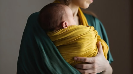 A Womans Loving Embrace of her Sleeping Infant in a Yellow Wrap Carrier. Generative AIの素材