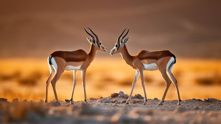 Springbok antelope, Antidorcas marsupialis, in the African dry habitat, Sunset on safari. Fight of deer, Generative AIの素材