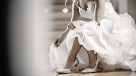 The bride is putting on her shoes for the wedding day. Generative AIの素材