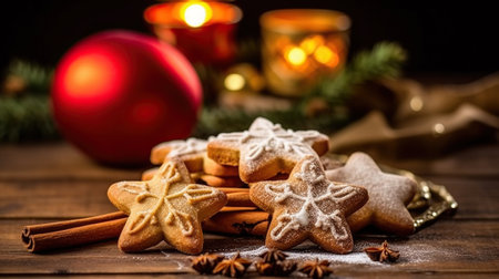Traditional Christmas cookies, cinnamon stars on rustic background, Generative AIの素材