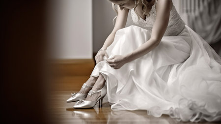The Bride's Elegant Moment as She Slips on her Wedding Shoes. Generative AIの素材