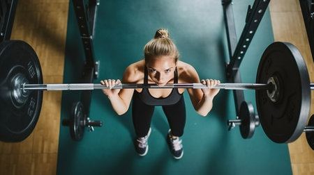 Top view, Woman lifting barbell in gym. Generative AIの素材